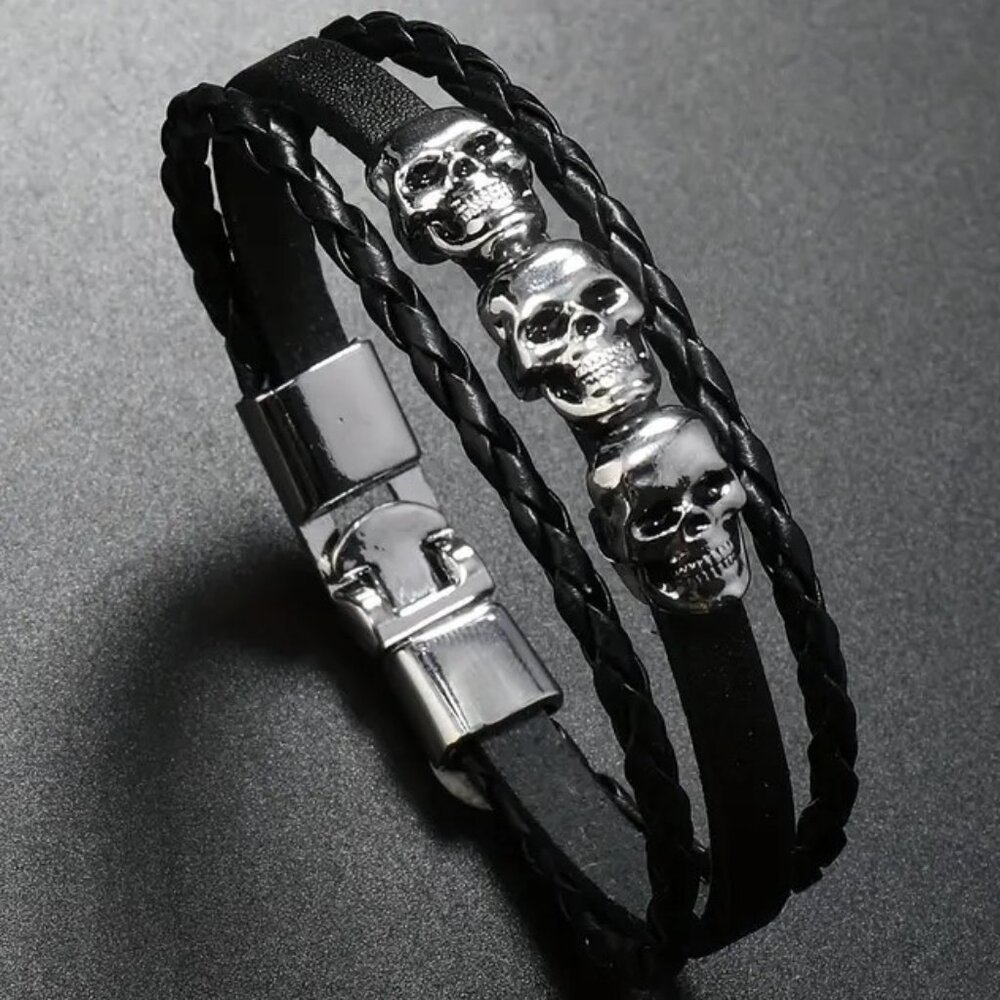 Skull Leather Bracelet Wrist Rock Edgy Gothic Grunge Punk Unisex Black Braided